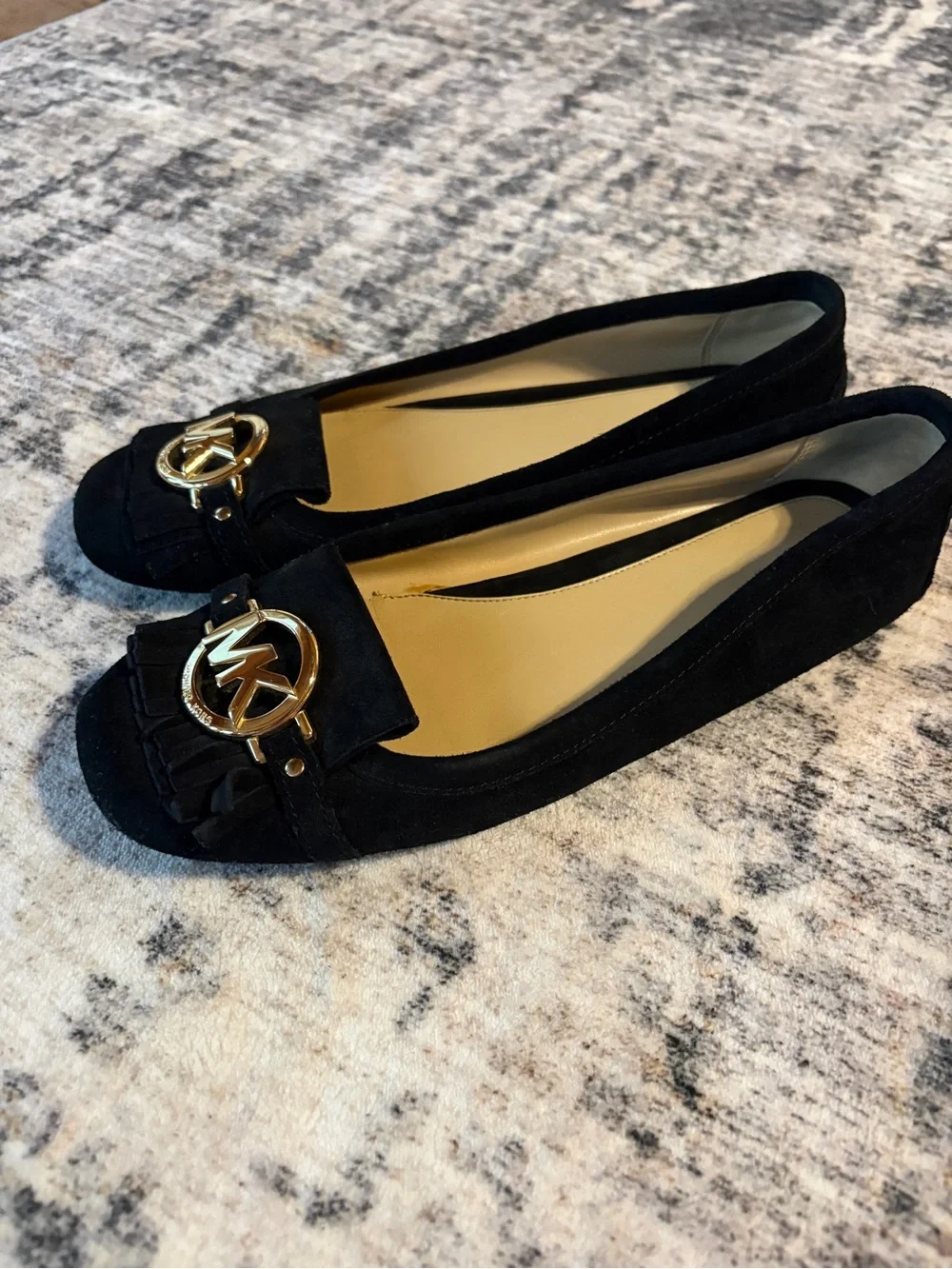 Michael Kors Black Suede Loafer Flats with Gold Logo Accent